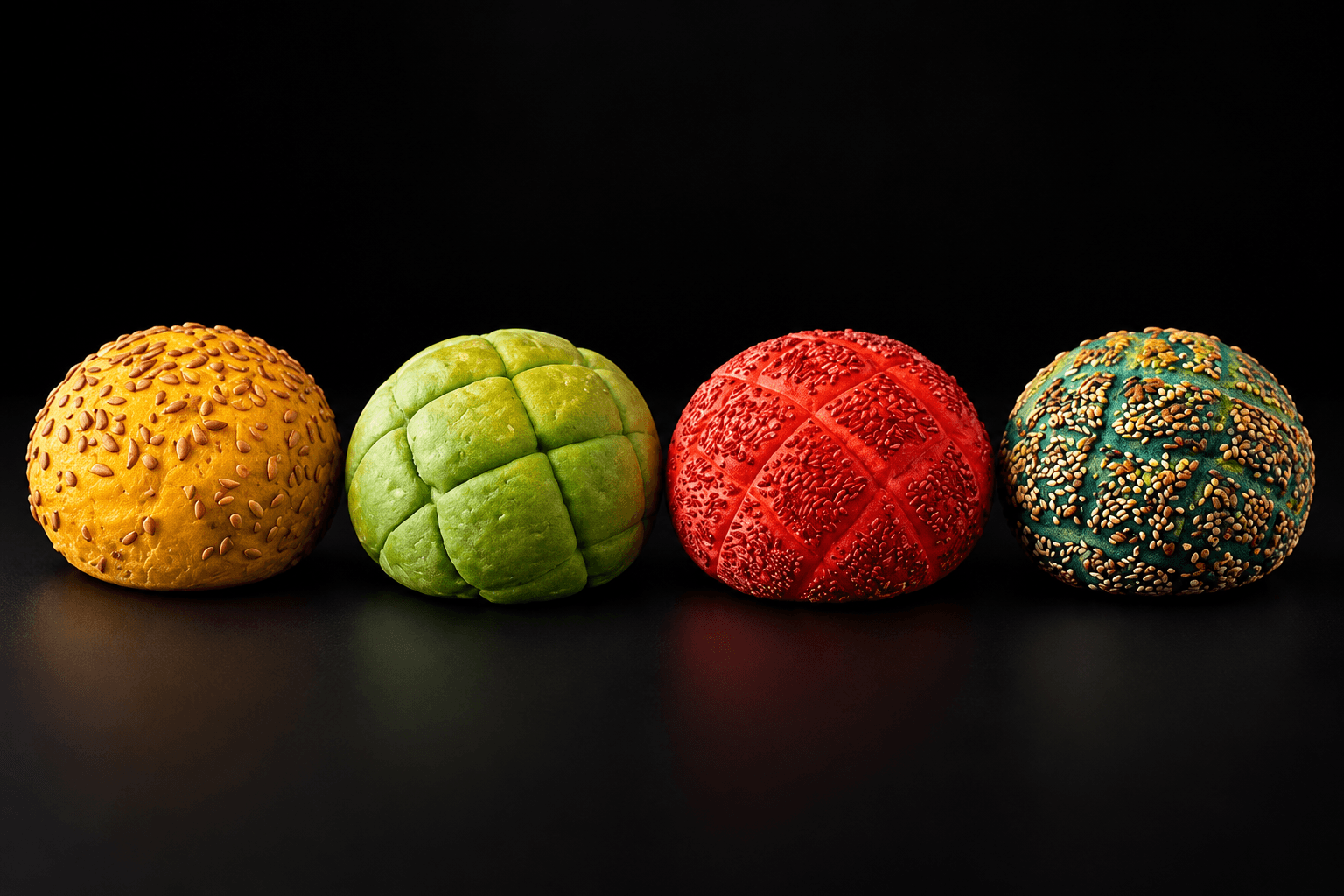 Quattro pani colorati: giallo, verde, rosso e multicolore