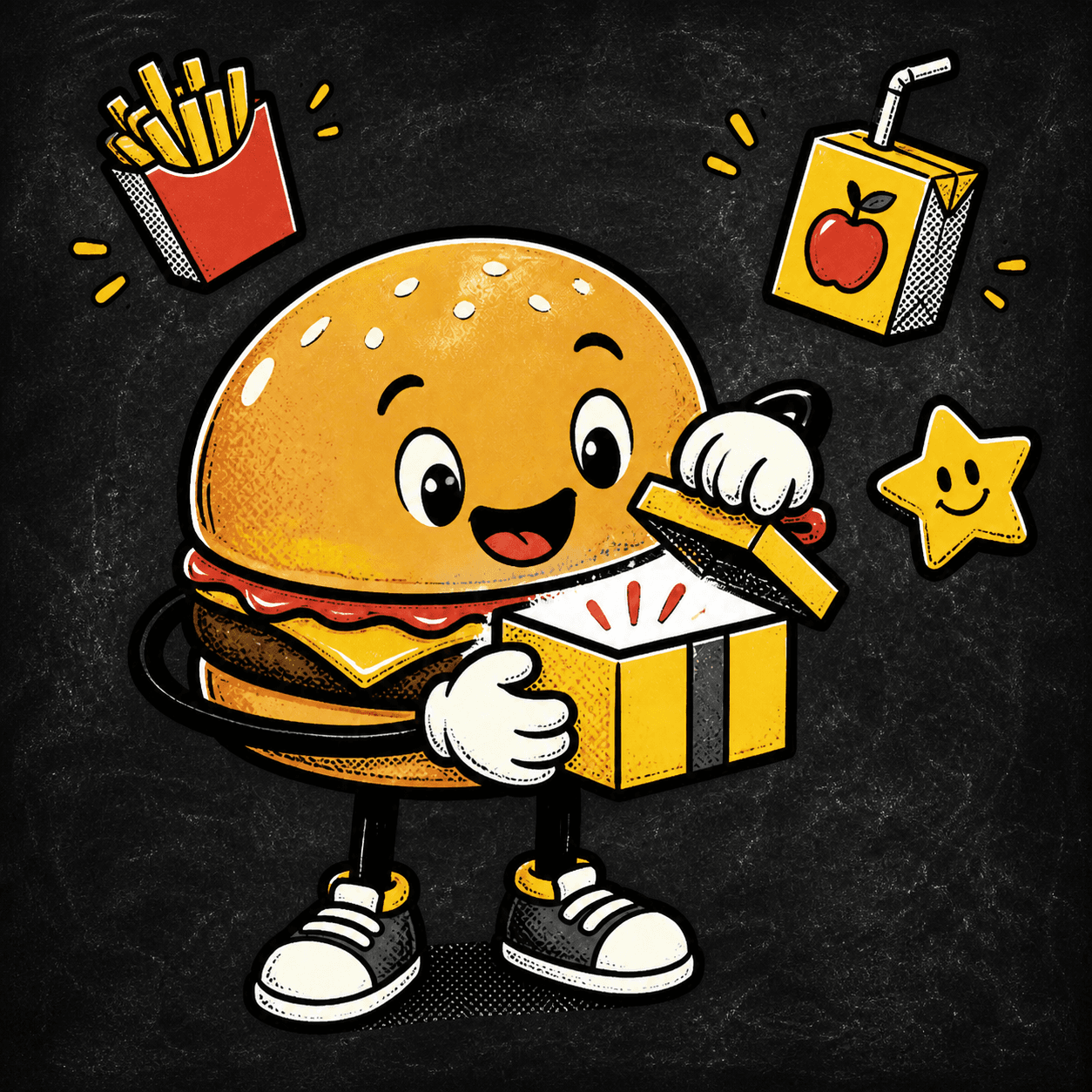 Burger mascotte con patatine, succo e scatola sorpresa